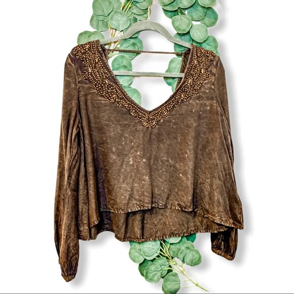 Ecote Cropped Embroidered Boho Long Flutter Sleeve Small - Picture 1 of 4